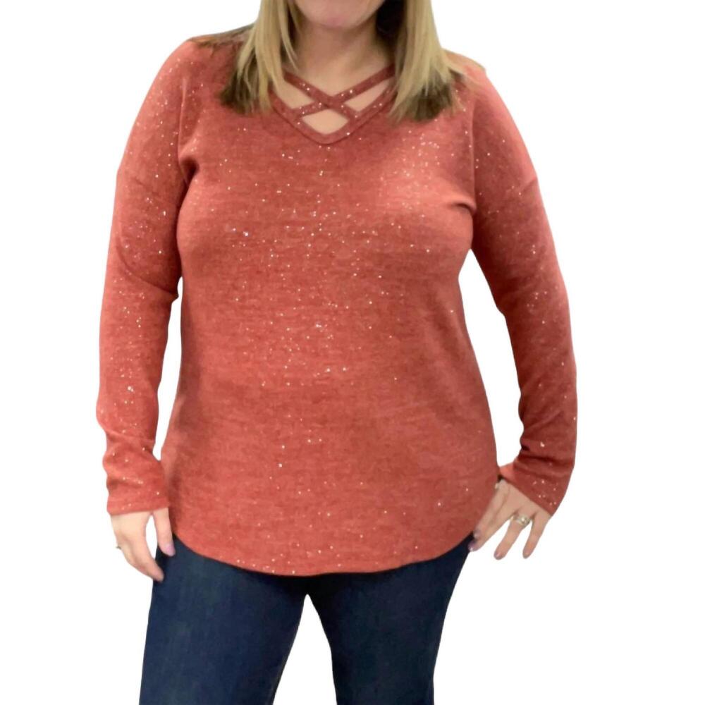 NEW HONEYME criss cross front sparkly sweater in rust